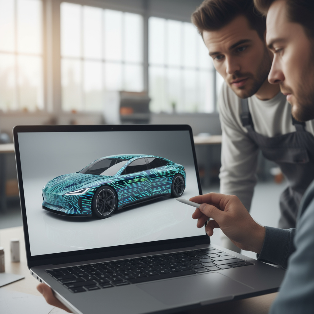 3D‑Mockup einer Fahrzeugfolierung im Workshop